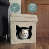 Maison pour chat PAWY ES beige avec housse douce et un chat blanc à l'intérieur de hjh LIVING