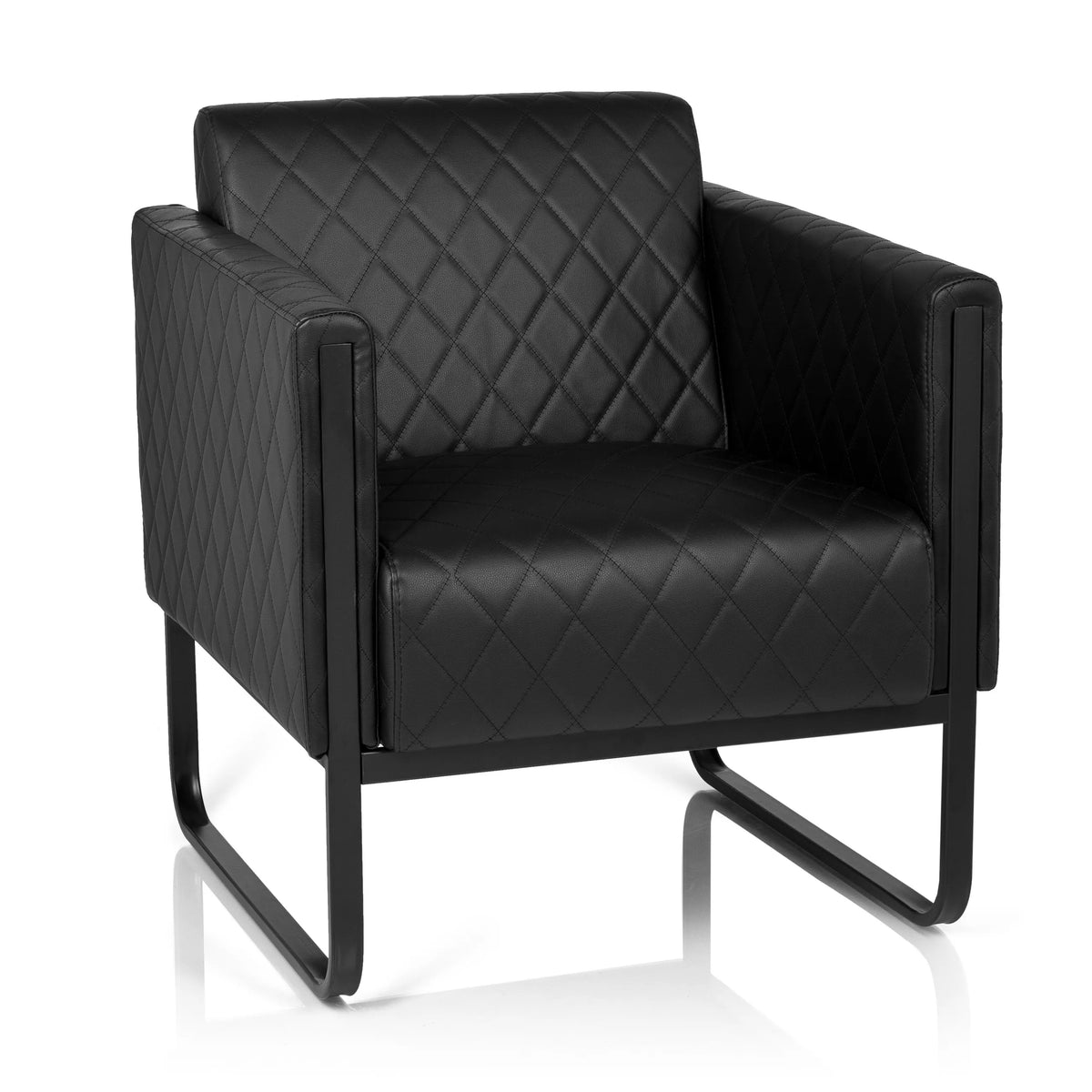 Fauteuil rembourré noir ARUBA BLACK avec surpiqûres en losange et piètement luge de hjh OFFICE – vue à 360° (vue de face 20°)