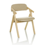 Chaise pliante SCANDIO beige avec accoudoirs et structure en bois de hjh OFFICE – vue à 360° (vue de trois quarts avant 30°)