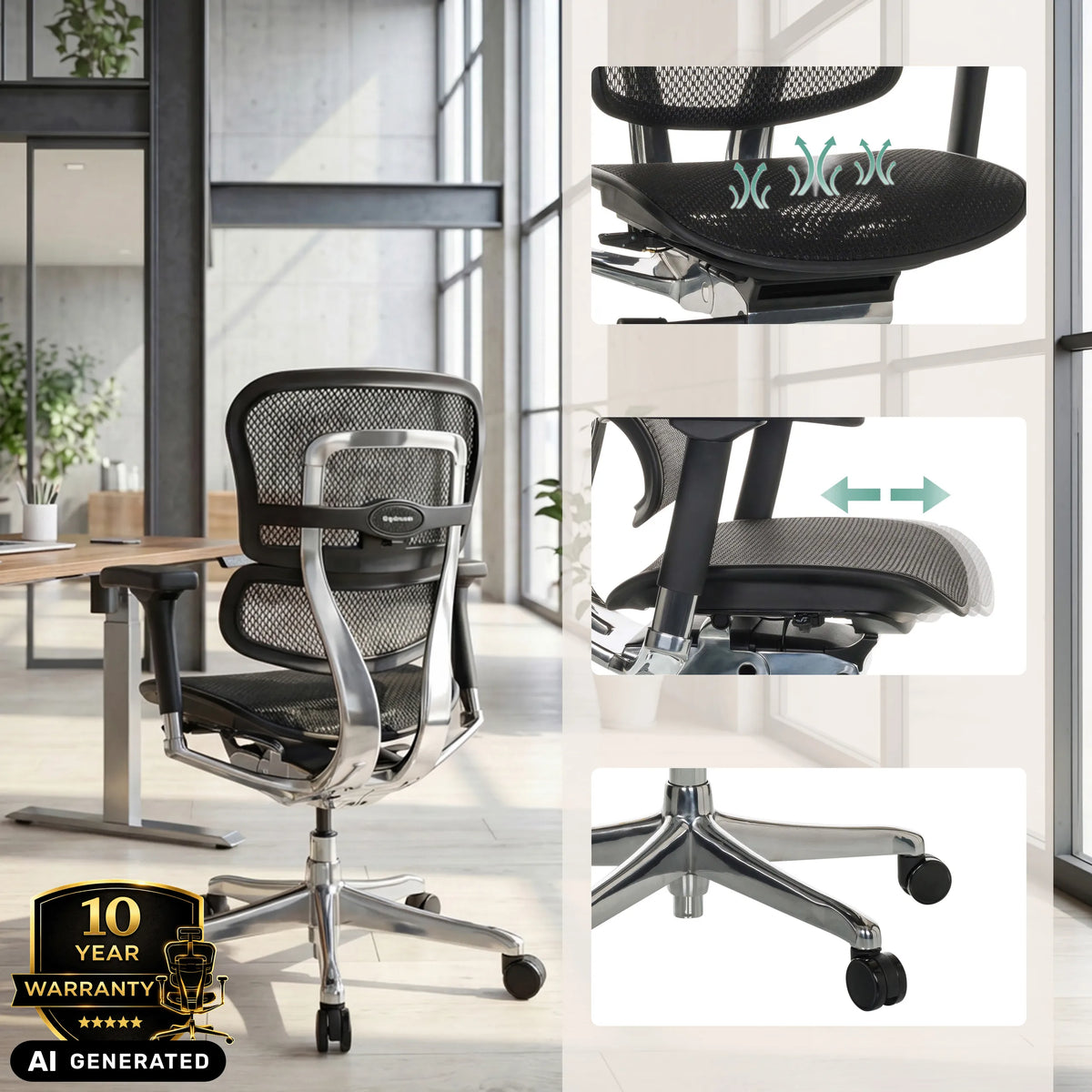 Siège de direction de luxe ERGOHUMAN BASE GEN2 avec revêtement en maille et siège réglable de hjh OFFICE (image générée par IA)