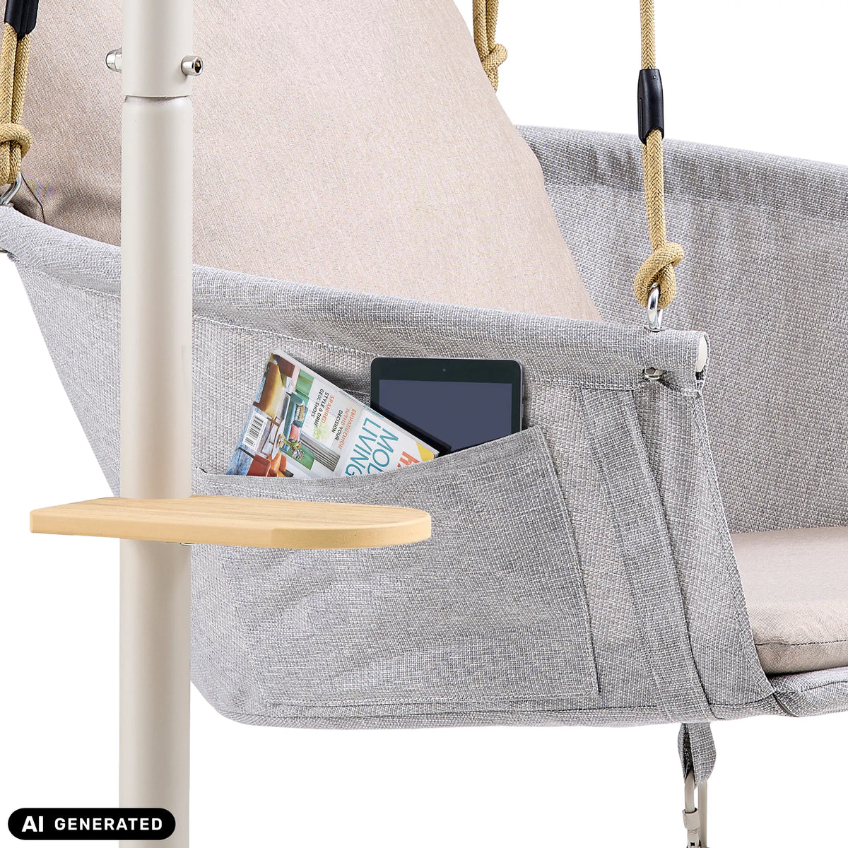 Poche latérale avec tablette et magazine sur le fauteuil suspendu Skylo avec une petite table d'appoint de hjh LIVING (image générée par IA)