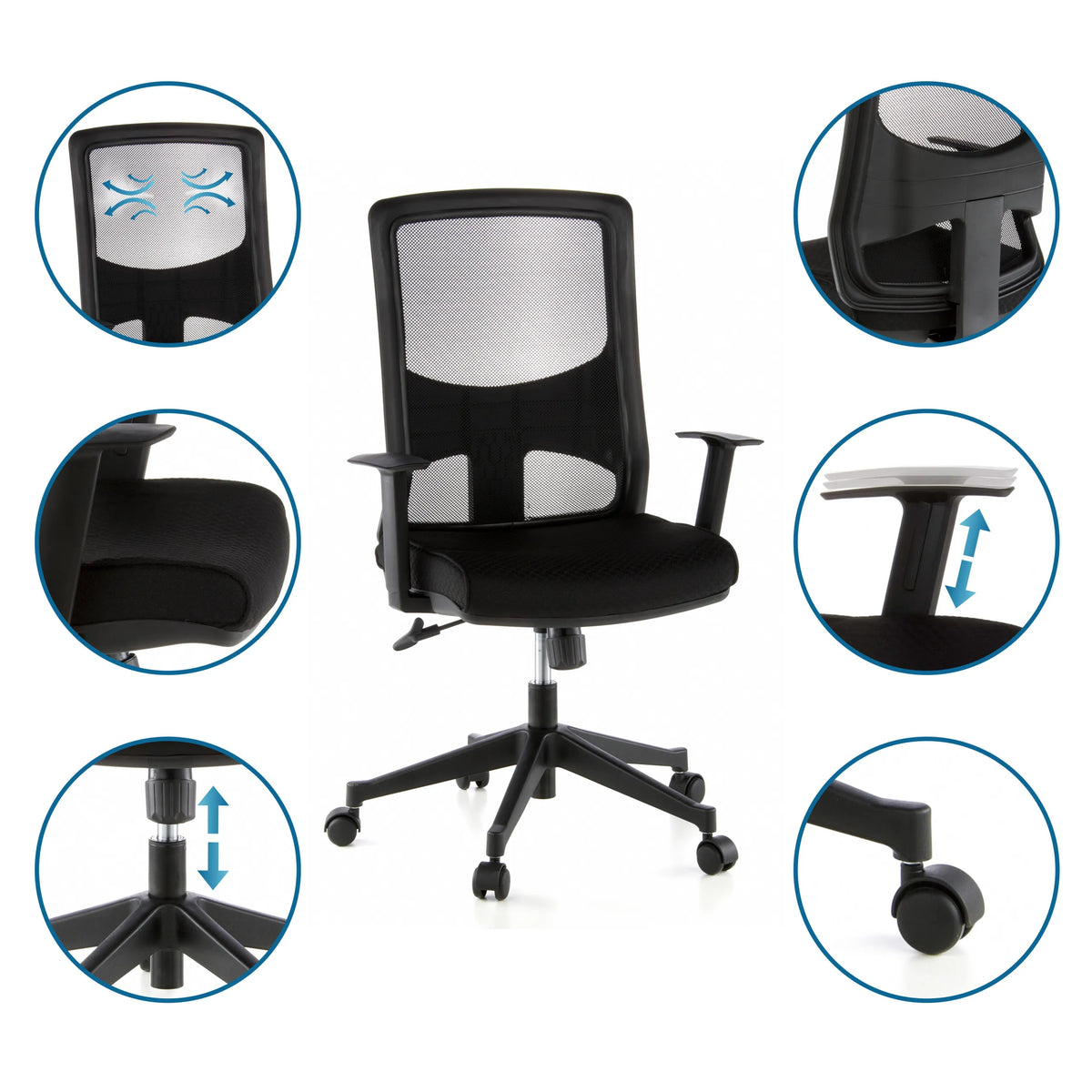 Siège de bureau de qualité professionnelle LAVITA en noir avec dossier en mesh, accoudoirs réglables et roulettes de hjh OFFICE