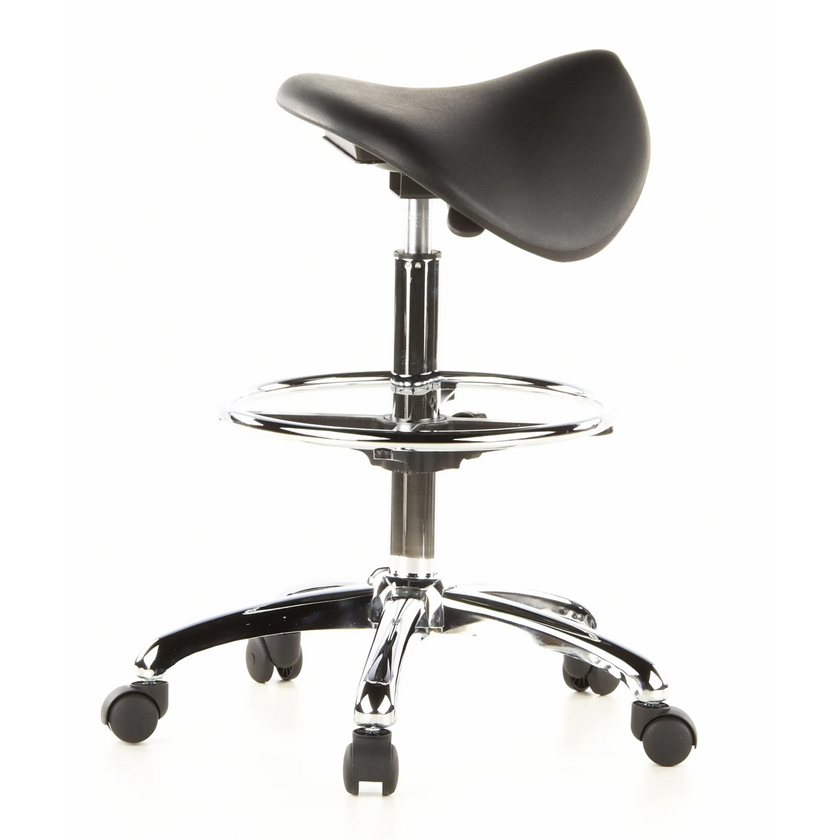 Tabouret de selle TOP WORK 13 noir avec repose-pieds et base à cinq roulettes de hjh OFFICE – vue à 360° (vue de profil 100°)