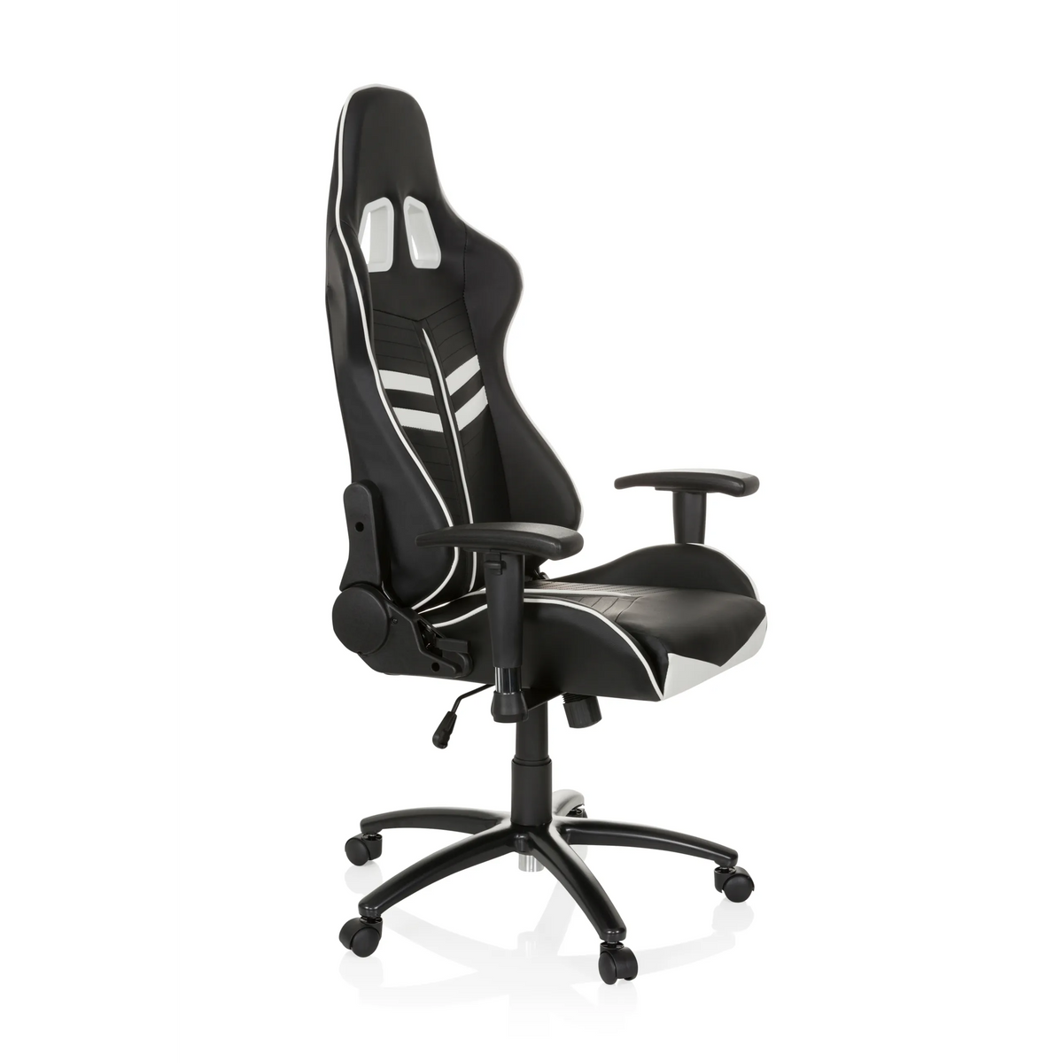 Fauteuil Gamer LEAGUE PRO noir et blanc avec appui-tête et base à cinq roulettes de hjh OFFICE – vue à 360° (vue de trois quarts avant 60°)