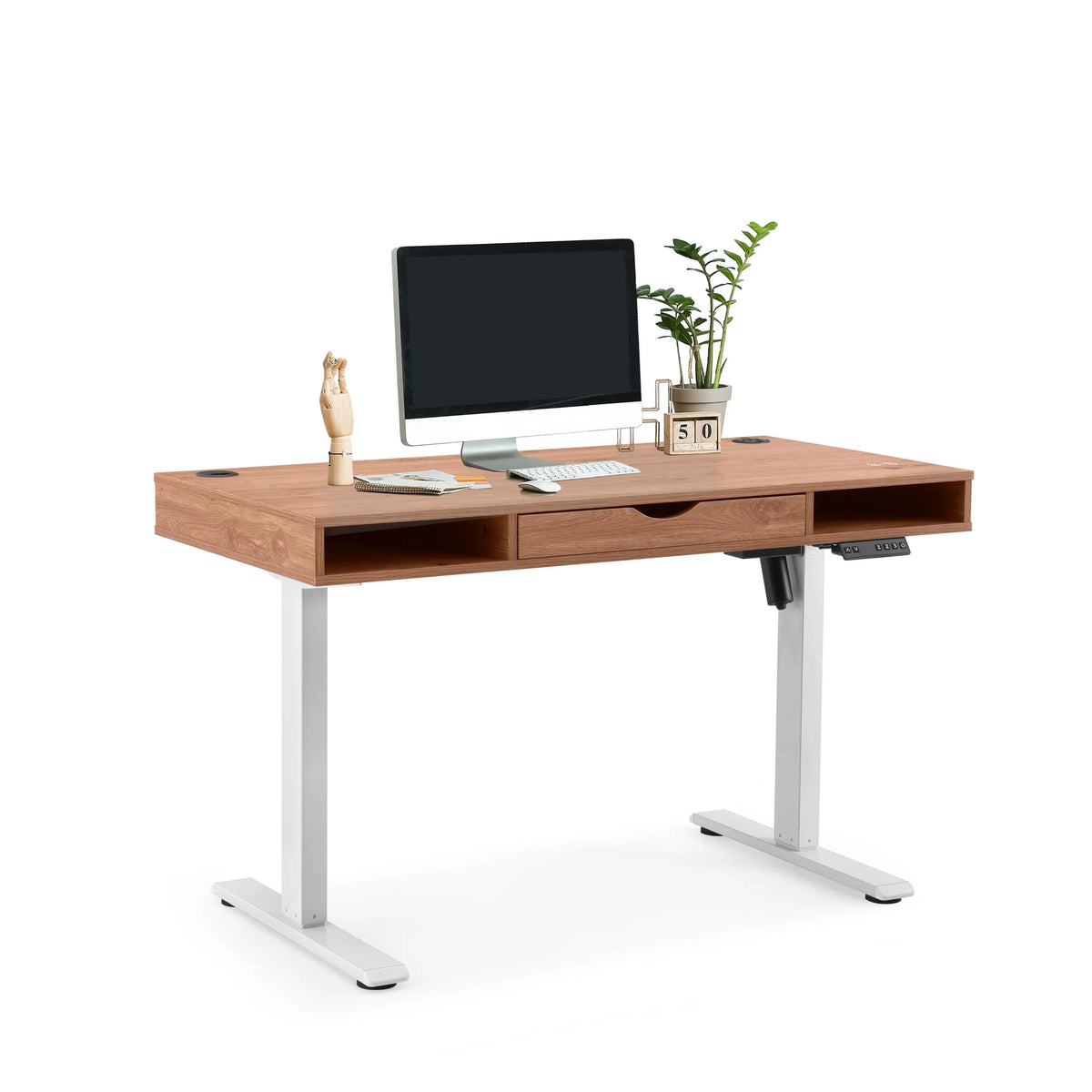 Bureau réglable en hauteur électriquement Worktime Style en chêne et blanc avec tiroirs de hjh OFFICE