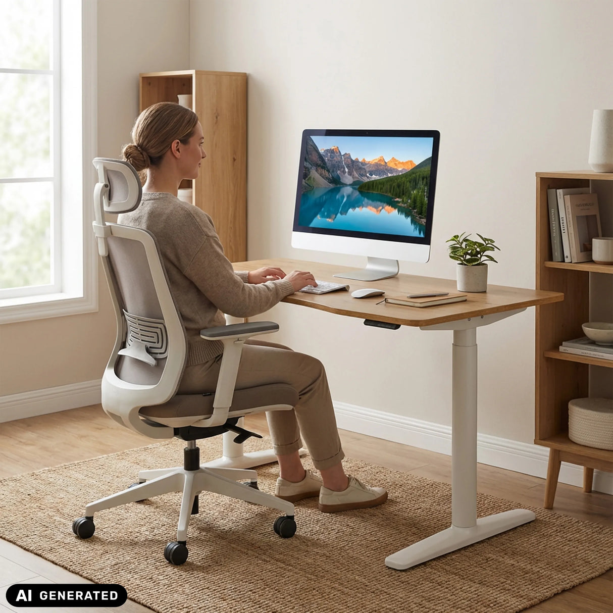 Bureau réglable en hauteur électriquement STAND PRO R en chêne avec piètement blanc de hjh OFFICE (image générée par IA)