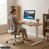 Bureau réglable en hauteur électriquement STAND PRO R en chêne avec piètement blanc de hjh OFFICE (image générée par IA)
