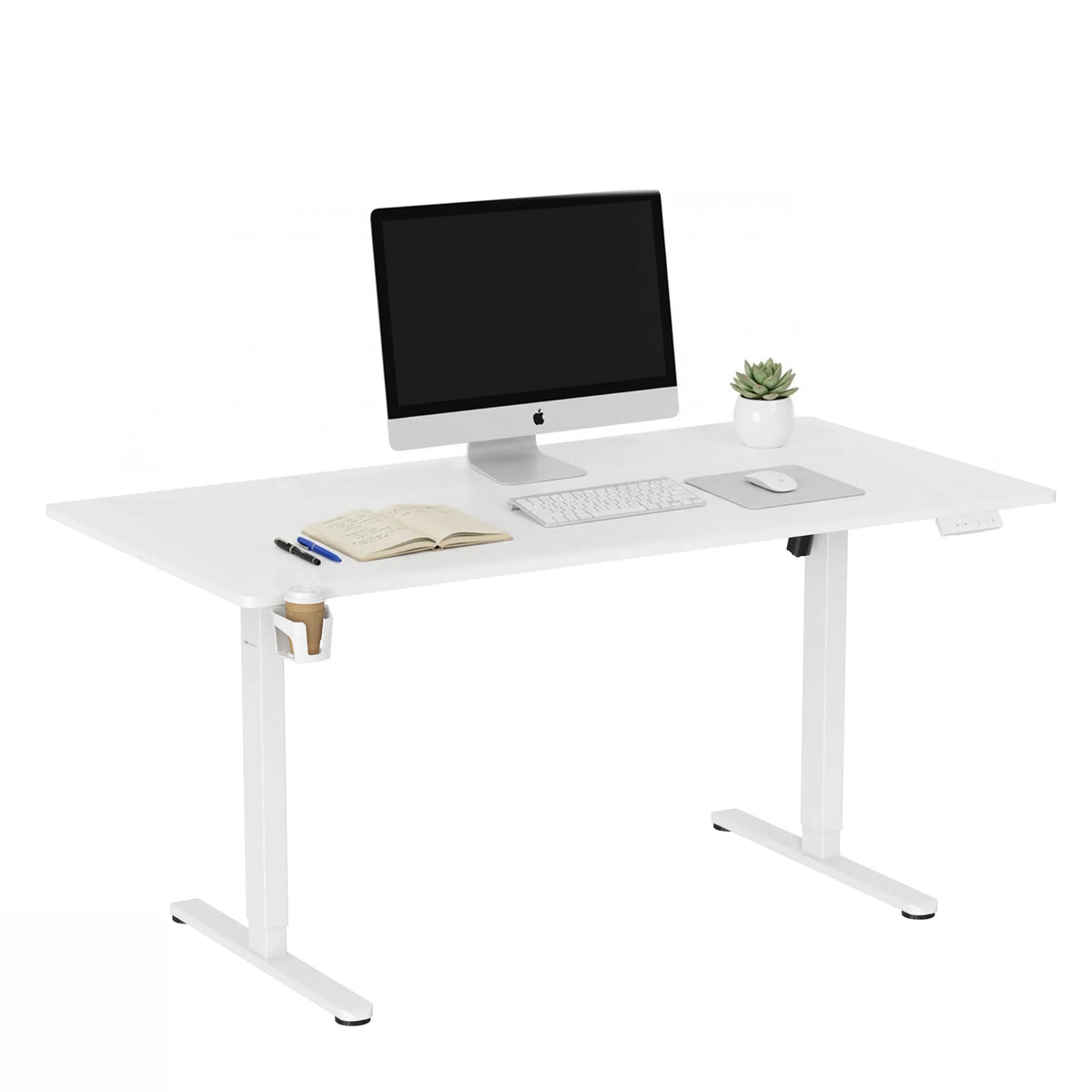 Bureau réglable en hauteur électriquement Worktime en blanc avec écran, clavier et porte-gobelet de hjh OFFICE