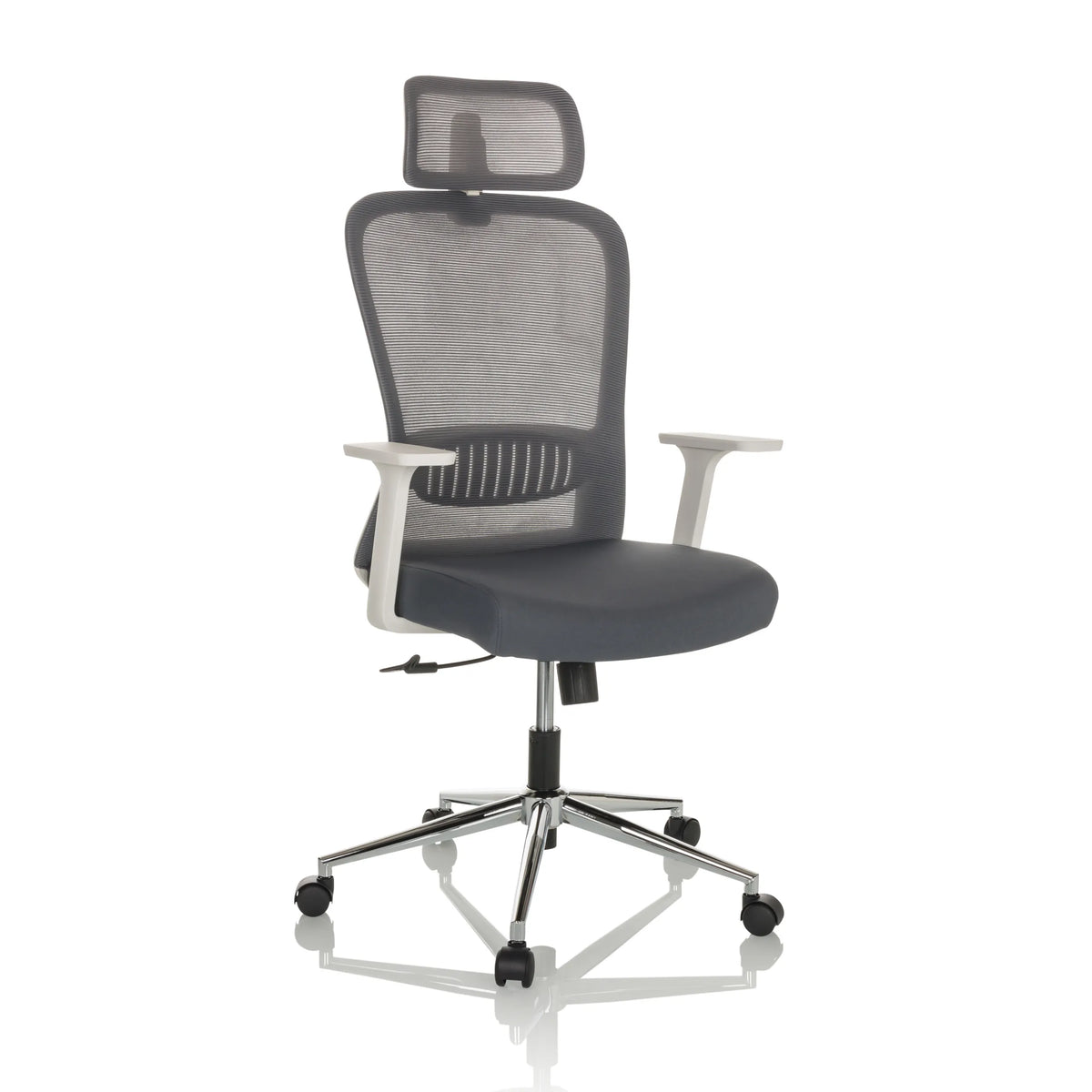 Siège de bureau à domicile BELAIA W gris avec dossier en maille, appuie-tête et base à cinq roulettes de hjh OFFICE – vue à 360° (vue de trois quarts avant 30°)