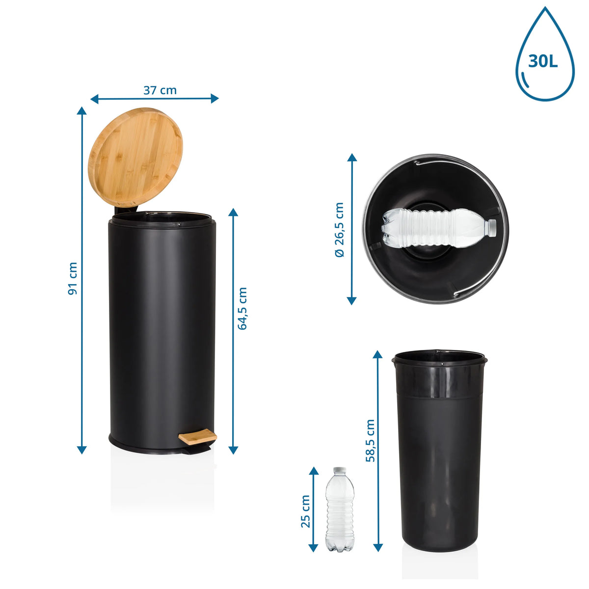 Dessin dimensionnel de la poubelle CLEAN BAMBOO avec un volume de 30 l et une hauteur de 91 cm de hjh OFFICE