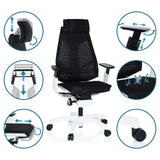 Siège de bureau haut de gamme GENIDIA PRO WHITE en noir avec différentes options de réglage et vues détaillées de hjh OFFICE