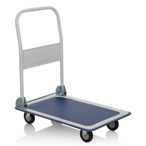Chariot à plateforme CARRY bleu et blanc avec poignée pliable et quatre roulettes pivotantes de hjh OFFICE