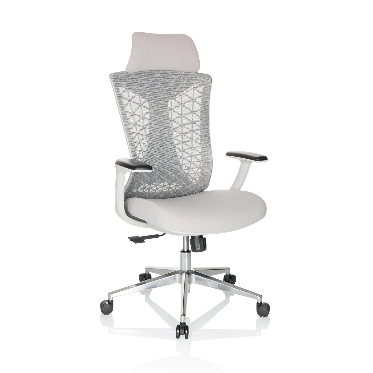 Siège de bureau de qualité professionnelle FALEO W gris avec dossier en maille et piètement à cinq roulettes de hjh OFFICE – vue à 360° (vue de trois quarts avant 30°)