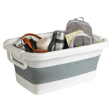 Conteneur pliable CLEAN SILW blanc et gris avec divers ustensiles et un sac à dos de hjh OFFICE