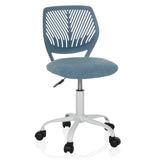 Chaise pivotante pour des enfants KID QW bleue avec dossier perforé et base blanche à cinq roulettes de hjh OFFICE – vue à 360° (vue de face 15°)