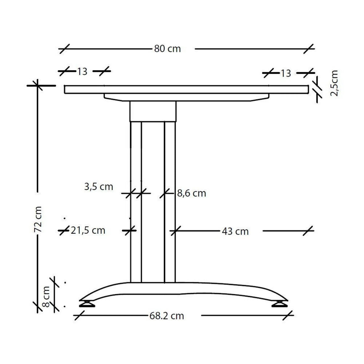 Dessin coté du bureau BELA 8 S avec une largeur de 80 cm et une hauteur de 72 cm de hjh OFFICE PRO