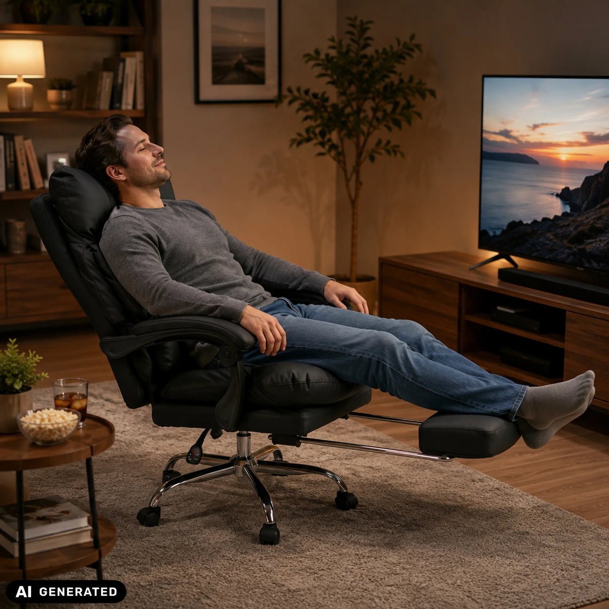 Siège de direction pour bureau à domicile Relax Legoro noir avec repose-pieds déployé de MyBuero (image générée par IA)