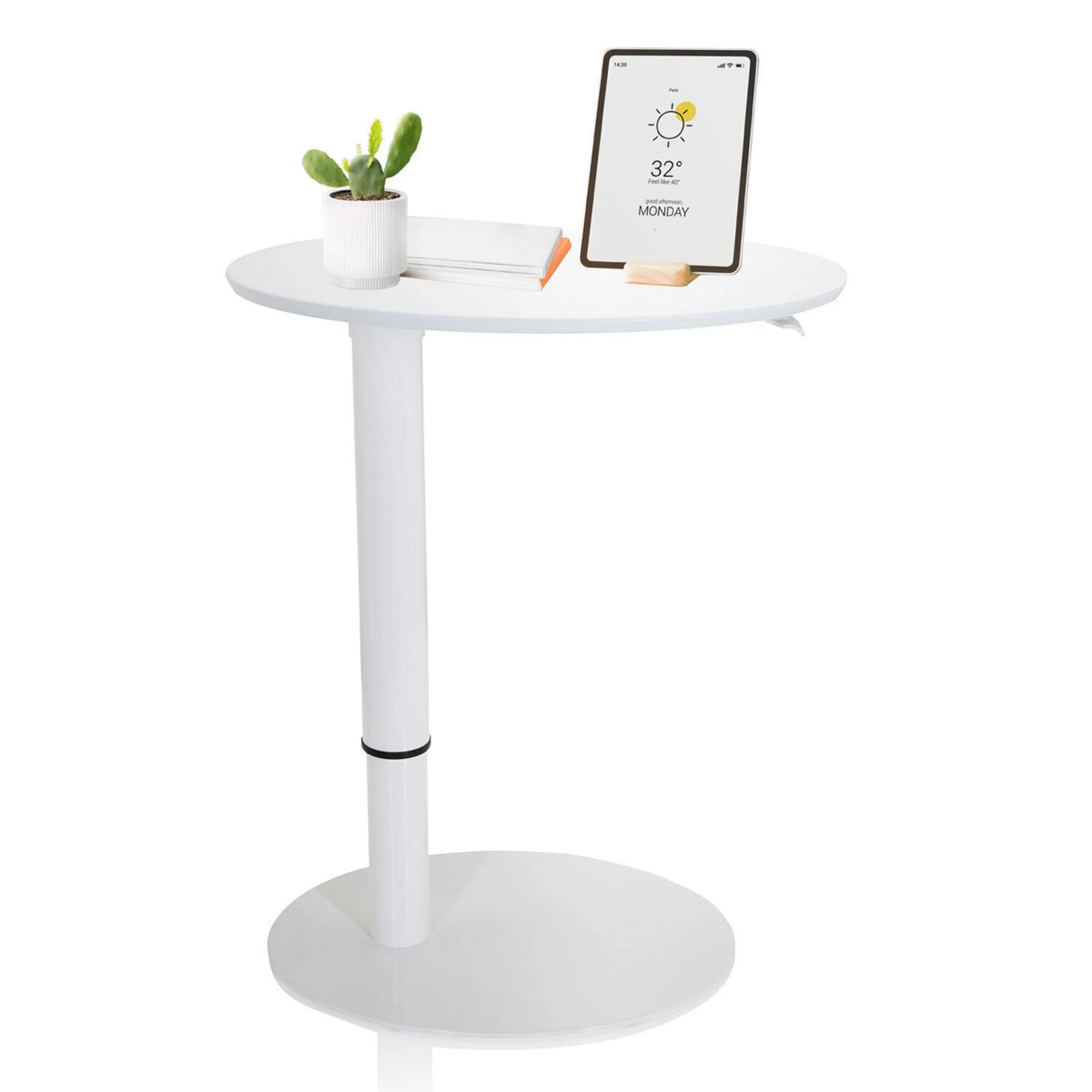Bureau assis-debout blanc STAND III avec plateau rond et pied rond de hjh OFFICE