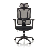Siège de bureau à domicile ERGOMY noir avec dossier en maille et base à cinq roulettes de MyBuero – vue à 360° (vue de face 0°)