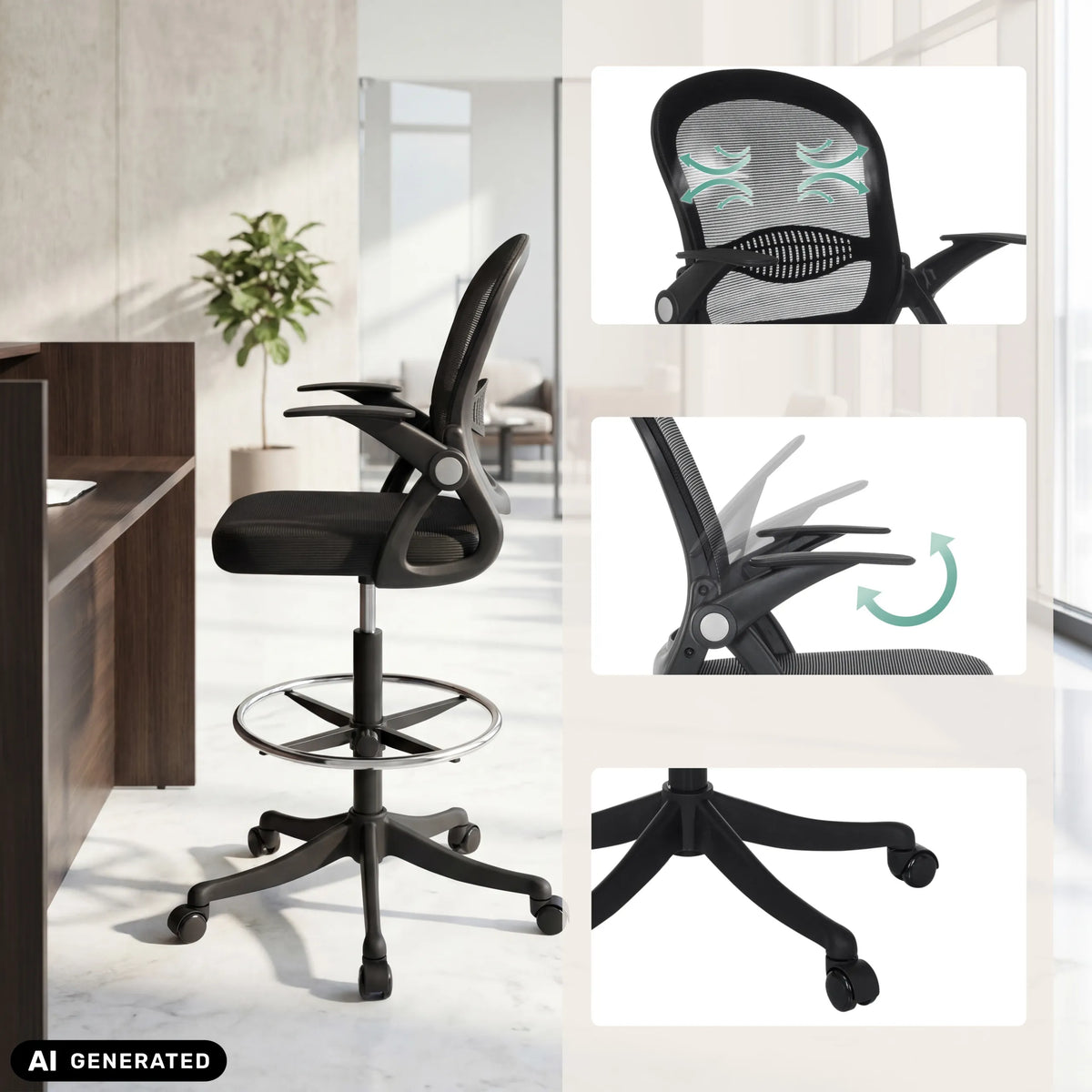 Chaise de comptoir Naluro Work en noir avec dossier en maille, accoudoirs réglables et repose-pieds de hjh OFFICE (image générée par IA)