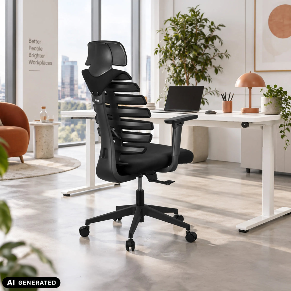 Siège de bureau de qualité professionnelle ERGO LINE ECO noir avec dossier en maille et appui-tête de hjh OFFICE (image générée par IA)