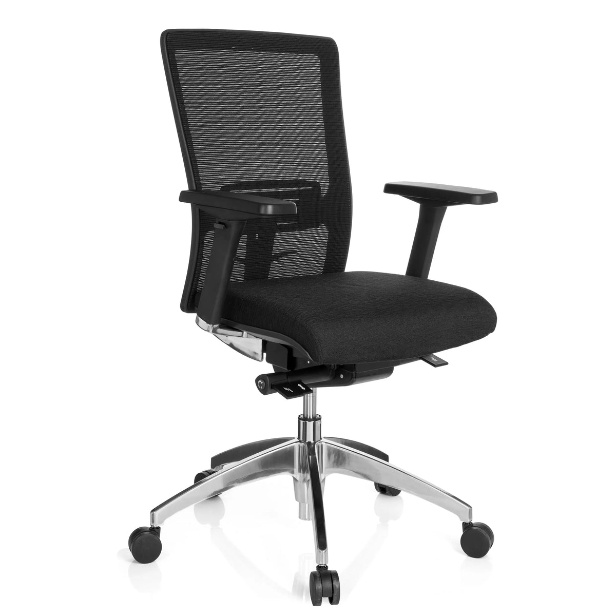 Siège de bureau de qualité professionnelle ASTRA BASE N noir, dossier maille et base brillante à 5 roulettes de hjh OFFICE – vue à 360° (vue de trois quarts avant 40°)