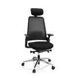 Siège de bureau de qualité professionnelle BRACIO noir, dossier maille, appui-tête et base à roulettes de hjh OFFICE – vue à 360° (vue de face 20°)