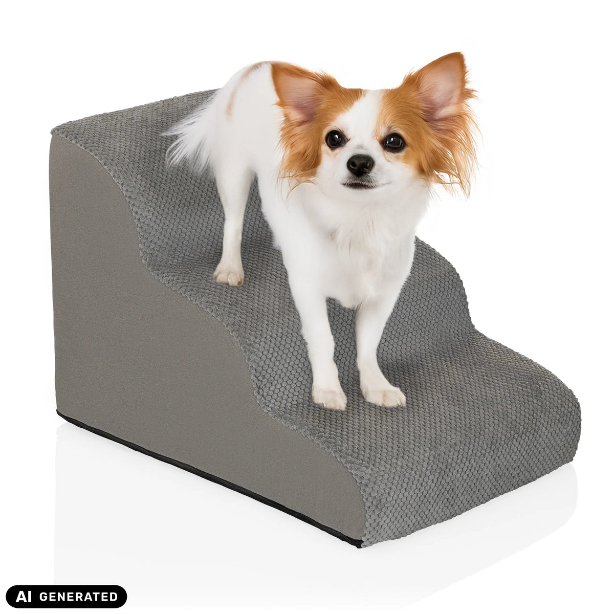 Escabeau pour animaux de compagnie PAWY STEP 3 gris avec un petit chien de hjh LIVING (image générée par IA)