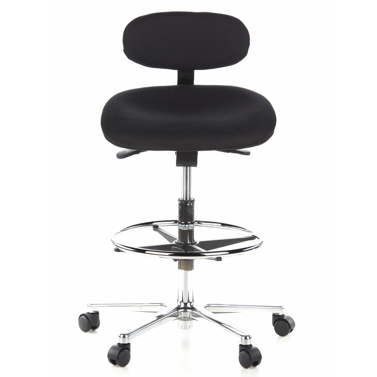 Chaise de comptoir WORK MF noire avec repose-pieds et base à cinq roulettes de hjh OFFICE – vue à 360° (vue de face 0°)