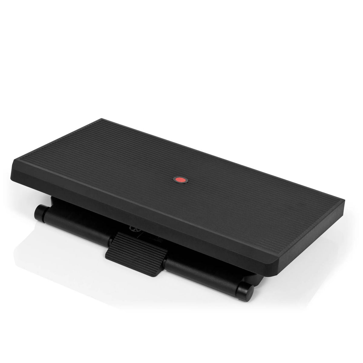 Repose-pieds PIEDINO STRIPE PRO noir avec surface striée et bouton rouge de hjh OFFICE – vue à 360° (vue de trois quarts avant 31°)