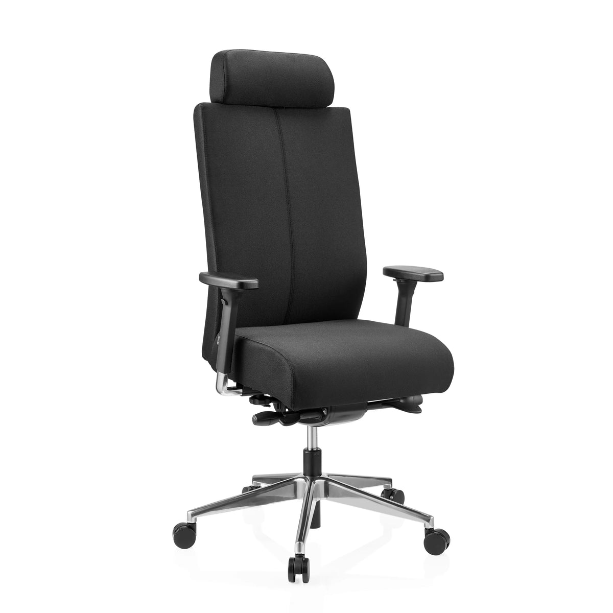 Siège de bureau de qualité professionnelle PRO-TEC XXL noir en tissu avec appui-tête et base à 5 roulettes de hjh OFFICE – vue à 360° (vue de trois quarts avant 30°)