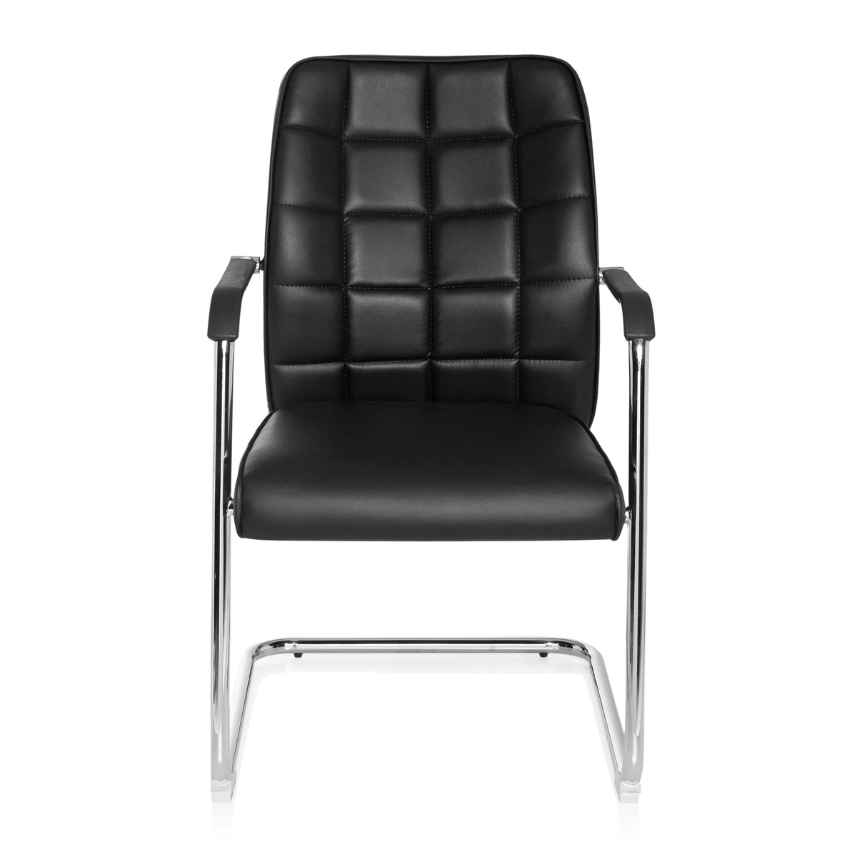 Chaise cantilever FLEXO V noire avec surpiqûres carrées et accoudoirs de hjh OFFICE – vue à 360° (vue de face 0°)