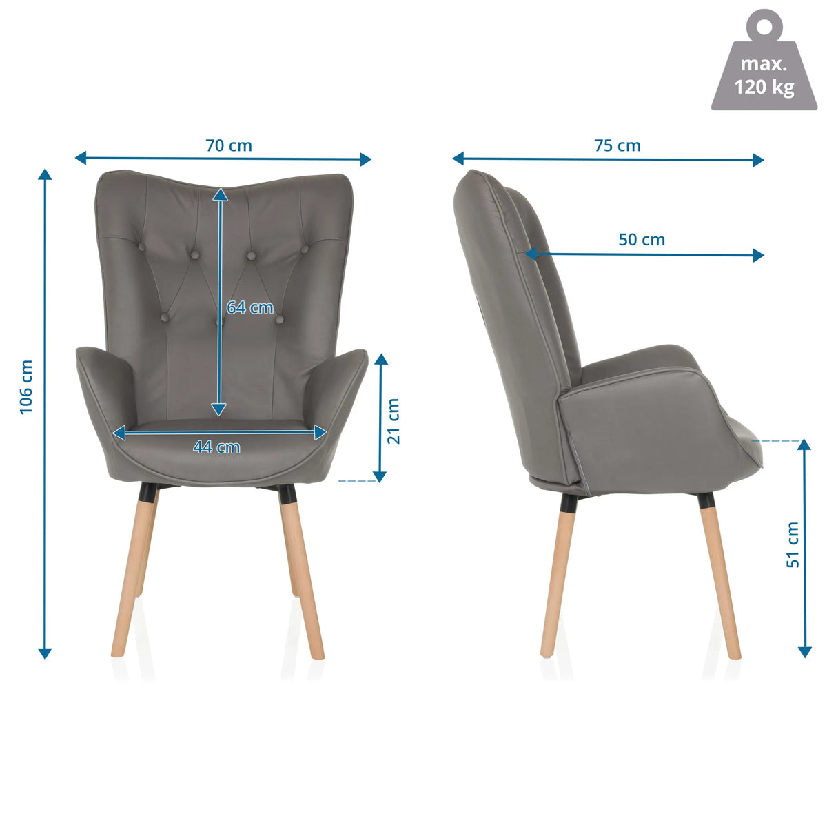 Dessin dimensionnel du Fauteuil rembourré HAVENIO I avec une hauteur totale de 106 cm et une largeur de 70 cm de hjh LIVING
