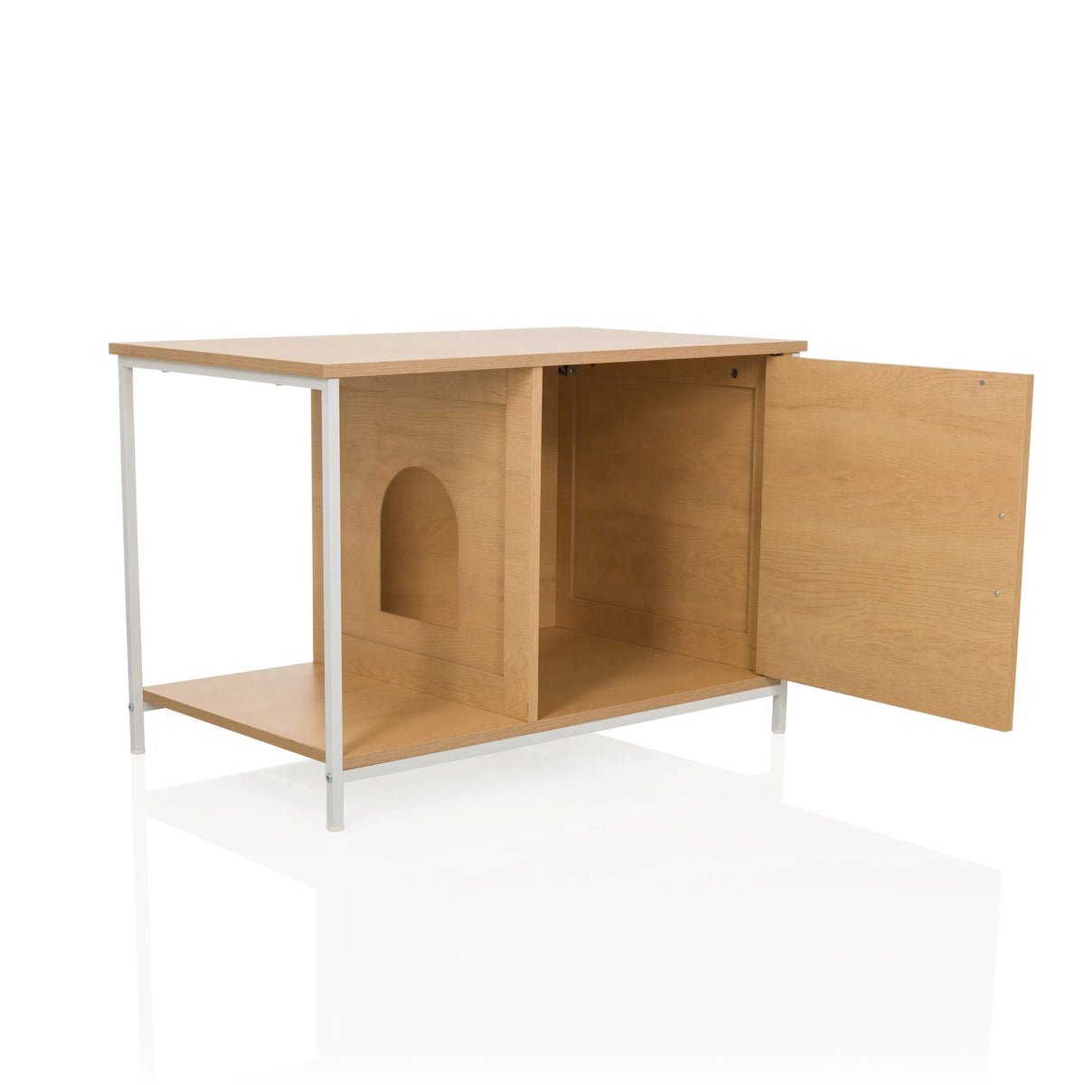Maison pour chat KITTYHOME 1 ouverte effet hêtre avec structure blanche et entrée voûtée de hjh LIVING