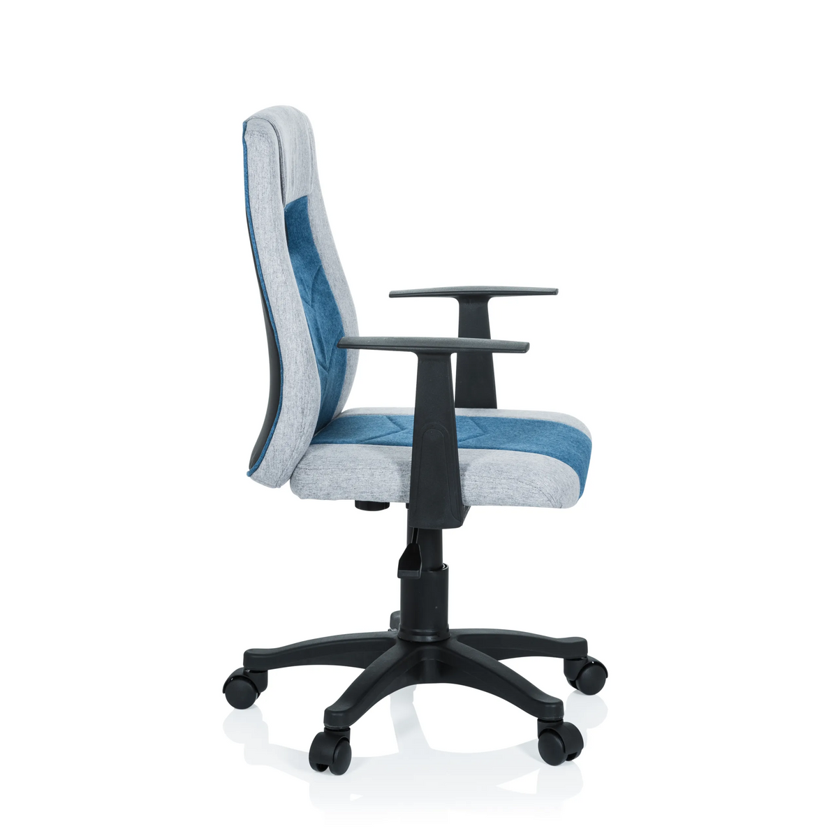 Chaise pivotante pour des enfants KIDDY EXTRA gris-bleu avec accoudoirs et base à cinq roulettes de hjh OFFICE – vue à 360° (vue de profil 80°)