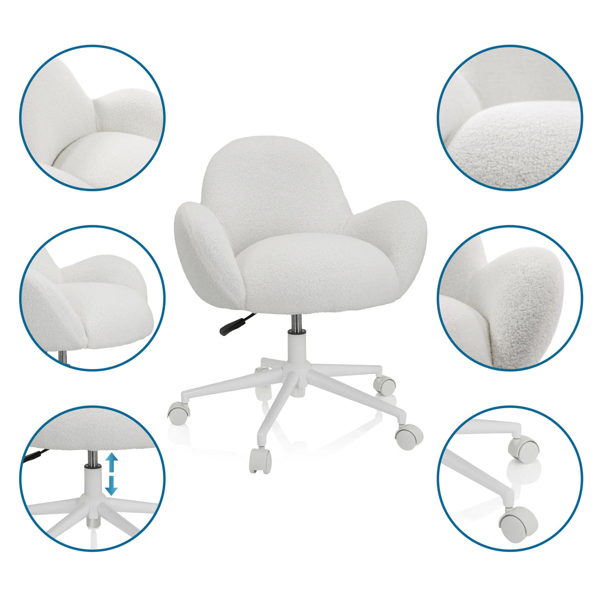 Chaise pivotante pour des enfants KID TEDDY I blanche avec revêtement en tissu teddy, vérin à gaz et piètement à roulettes de hjh OFFICE