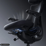 Mécanisme d'assise du fauteuil de bureau LiberNovo Maxis Airflow en graphite avec représentation graphique du flux d'air de Libernovo