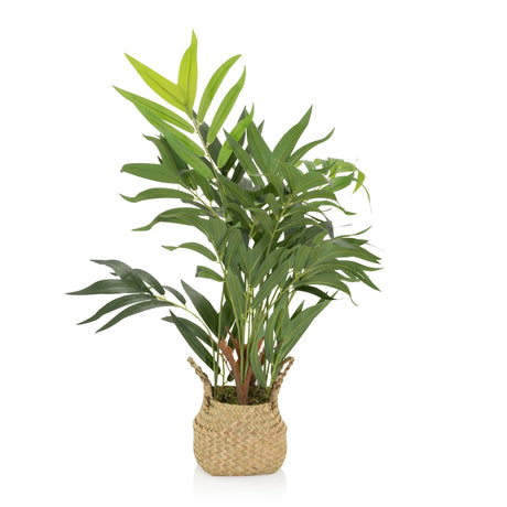 Plante artificielle CHAMAEDOREA de couleur verte avec un cache-pot tressé en matières naturelles de hjh OFFICE
