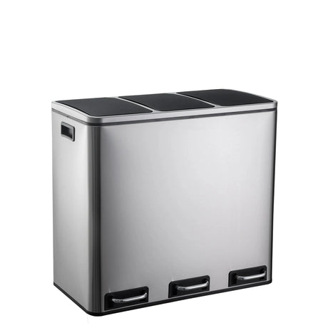 Poubelle argentée Clean 9 avec trois compartiments séparés et couvercles noirs de hjh OFFICE