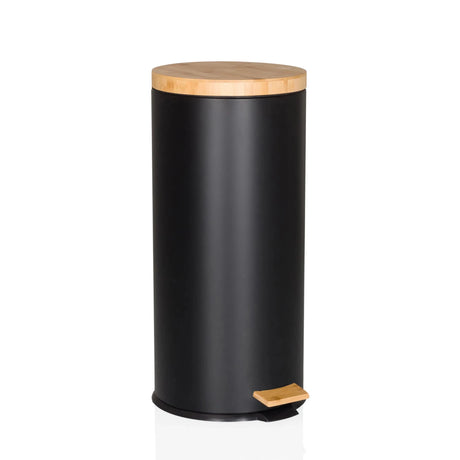 Poubelle CLEAN BAMBOO en noir mat avec couvercle en bois et pédale de hjh OFFICE