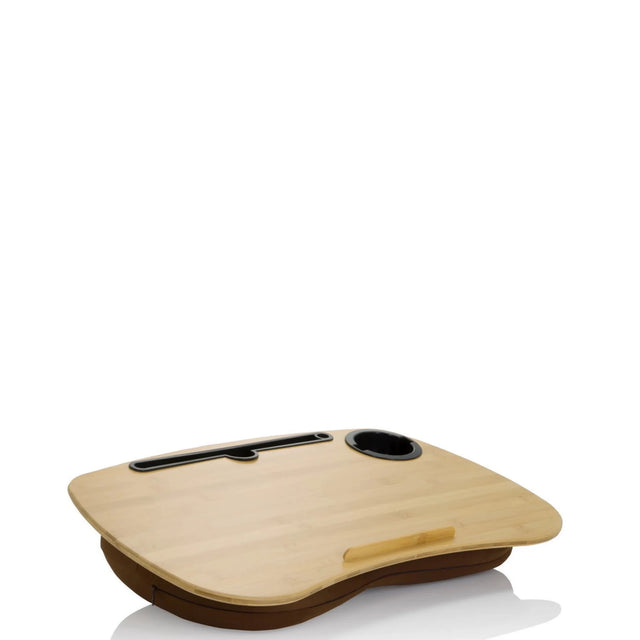 Support pour ordinateur portable COMFILAP I en bambou marron avec porte-gobelet et rangement intégrés de hjh OFFICE