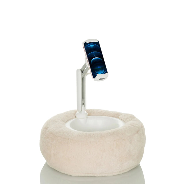Support de téléphone portable & tablette COMFILAP II beige avec base en peluche et bras articulé blanc de hjh OFFICE