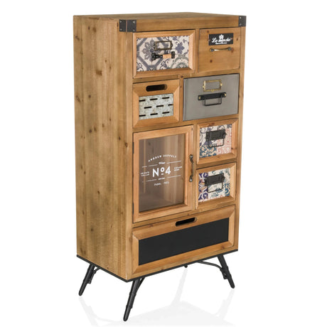 Buffet couleur bois CONTINENTO S de style vintage avec différents tiroirs et porte en verre de hjh LIVING