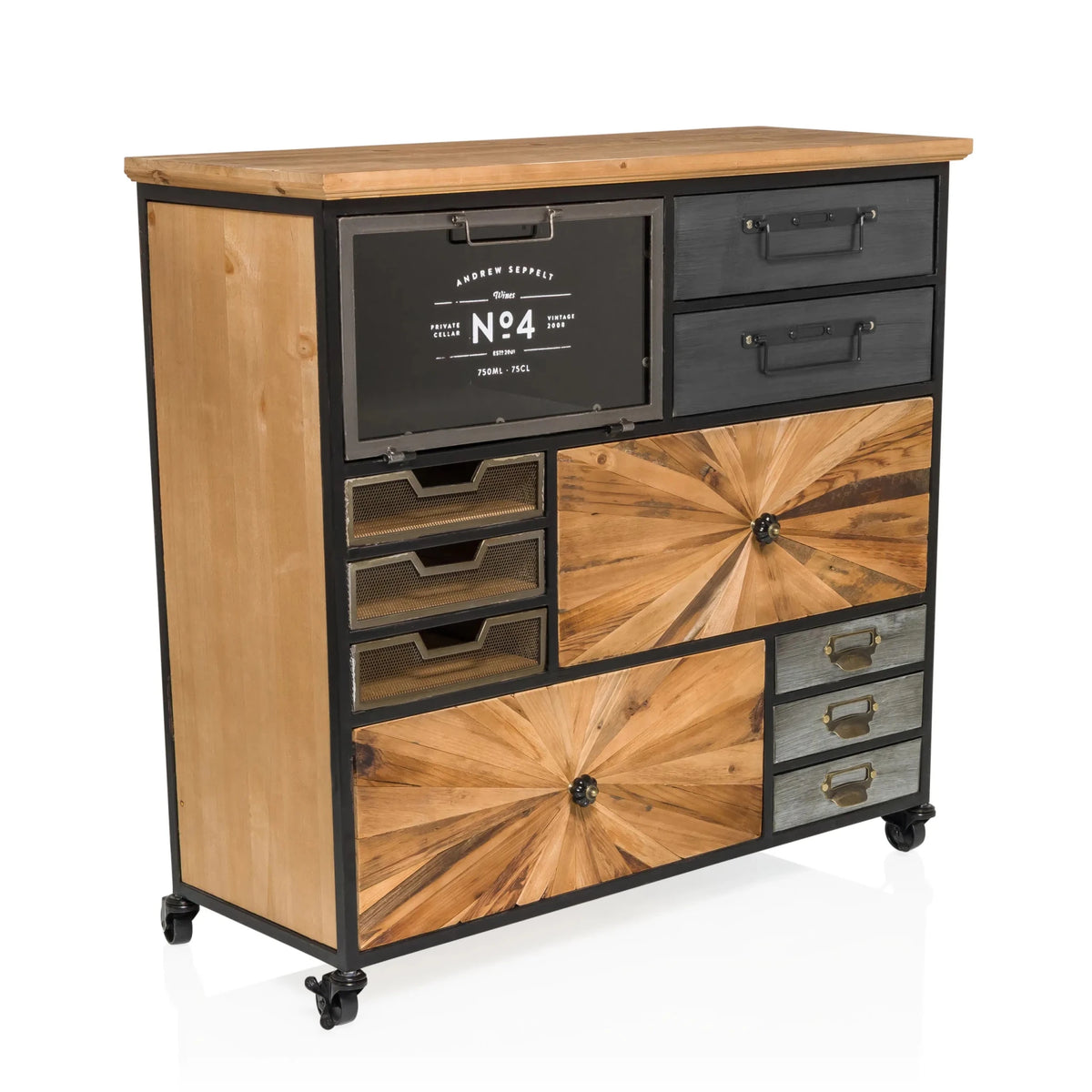 Buffet CONTINENTO XL aux tons de bois foncé avec accents en métal noir et roulettes de hjh LIVING