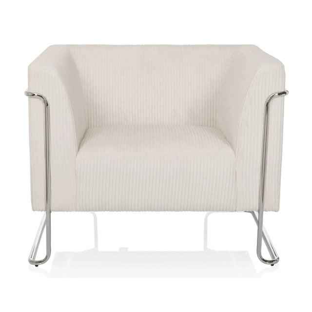 Fauteuil de salon Curacao Cord blanc avec revêtement en tissu côtelé et structure métallique argentée de hjh LIVING
