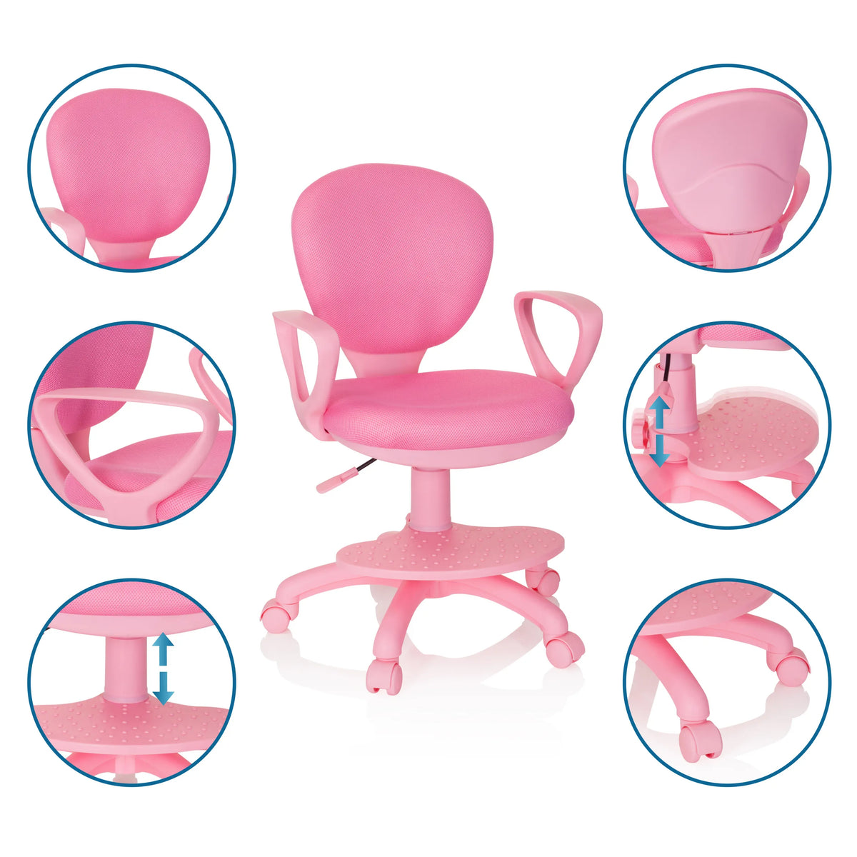 Chaise pivotante pour des enfants KID COLOUR rose avec hauteur de siège réglable et roulettes de hjh OFFICE
