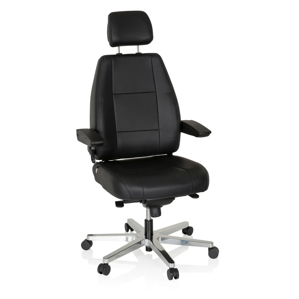 Siège pivotant XXL 24 HOURS noir en cuir avec appuie-tête et pied à cinq roulettes de hjh OFFICE – vue à 360° (vue de face 20°)