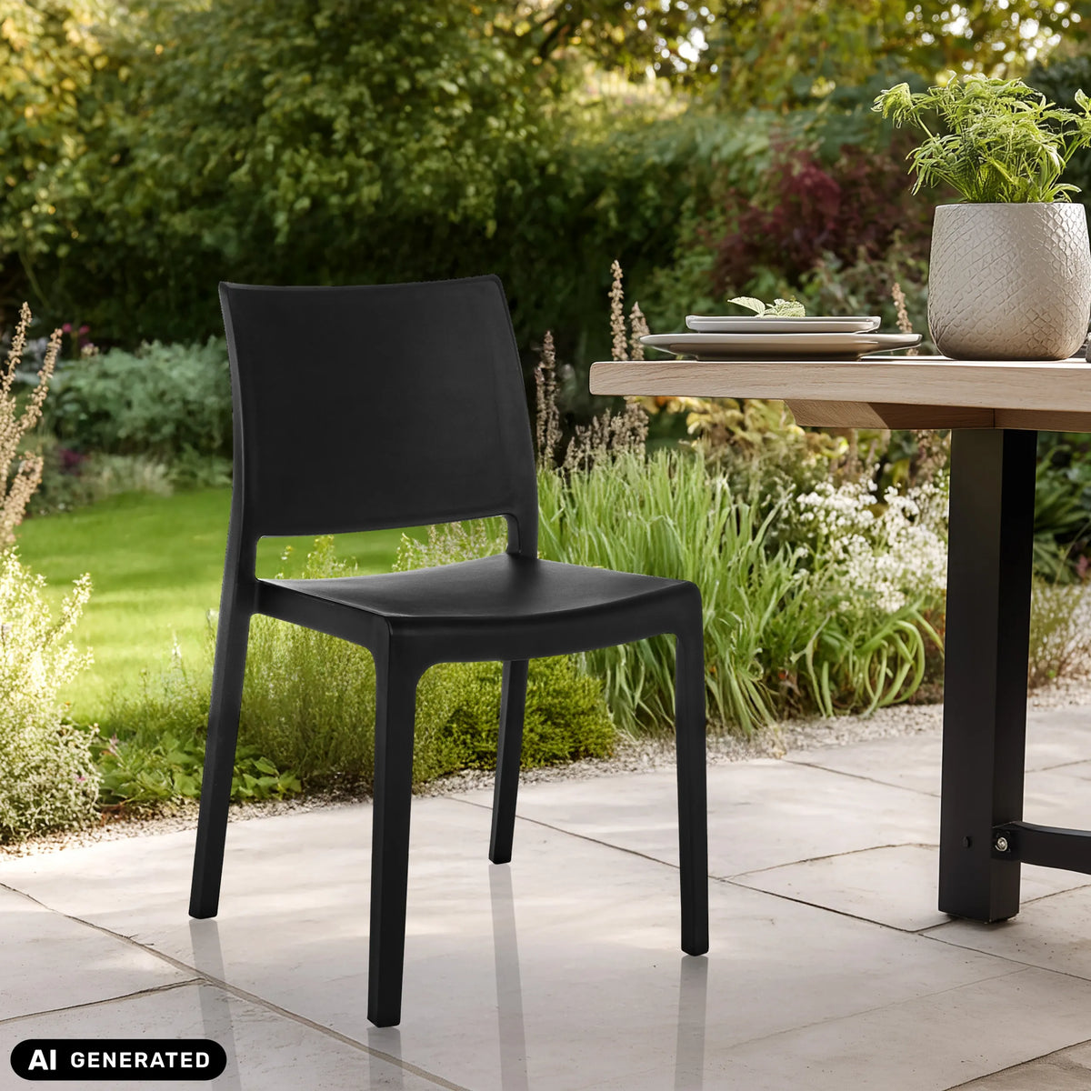 Chaise d'extérieur T37 V noire avec surface lisse sur une terrasse de jardin claire de hjh LIVING (image générée par IA)