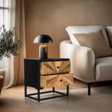 Buffet SANTJAGO BLACK SUN S en noir avec deux tiroirs couleur bois et un piètement en métal de hjh LIVING