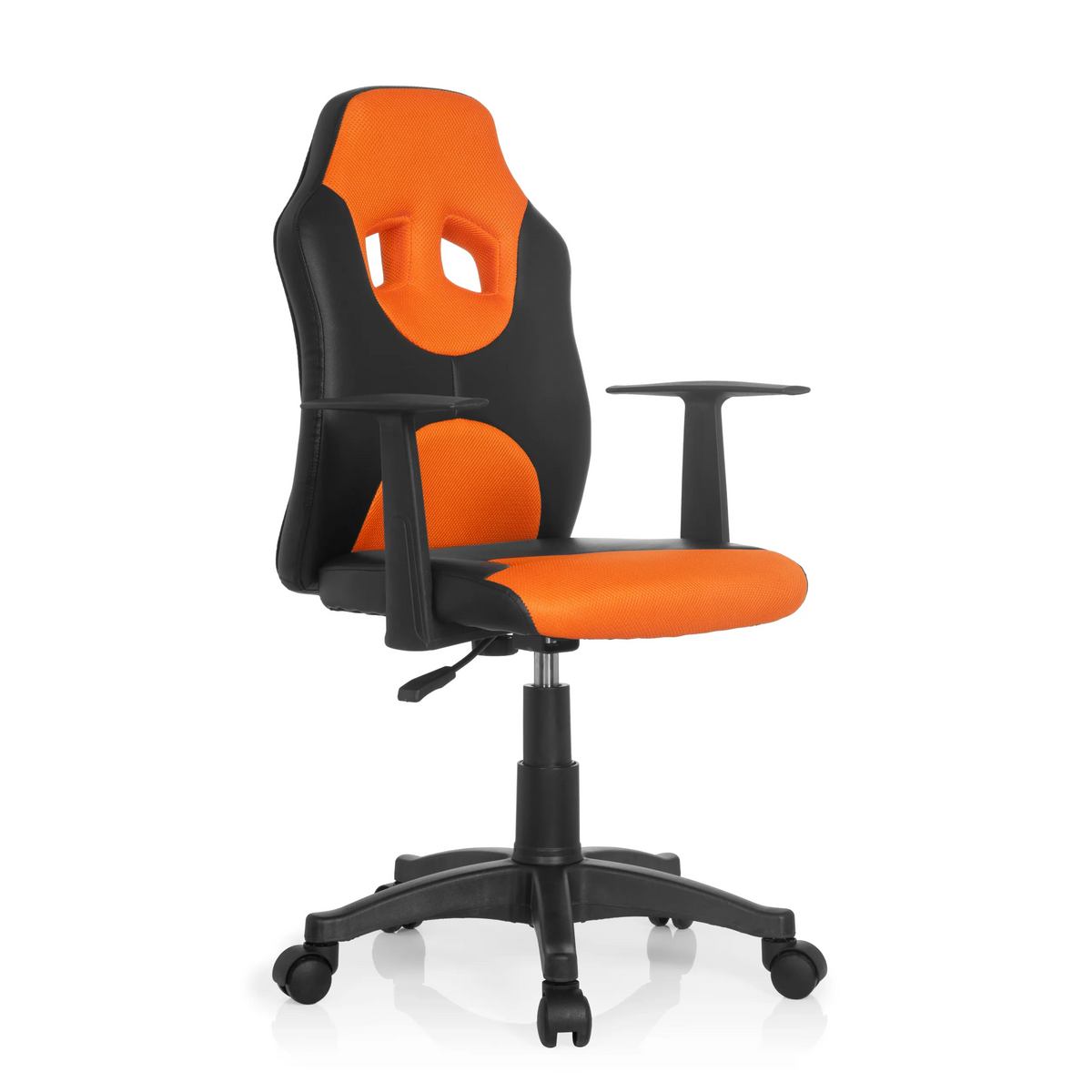Chaise pivotante pour des enfants KID GAME AL noire et orange avec dossier en maille et base à cinq roulettes de hjh OFFICE – vue à 360° (vue de trois quarts avant 40°)